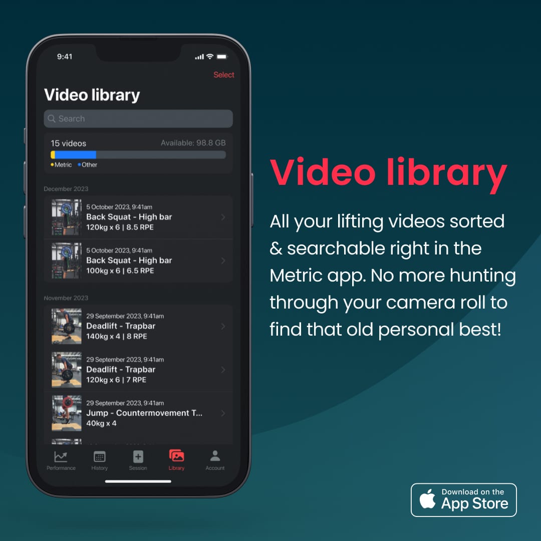 Save and record all your training exercises in the Metric VBT workout app