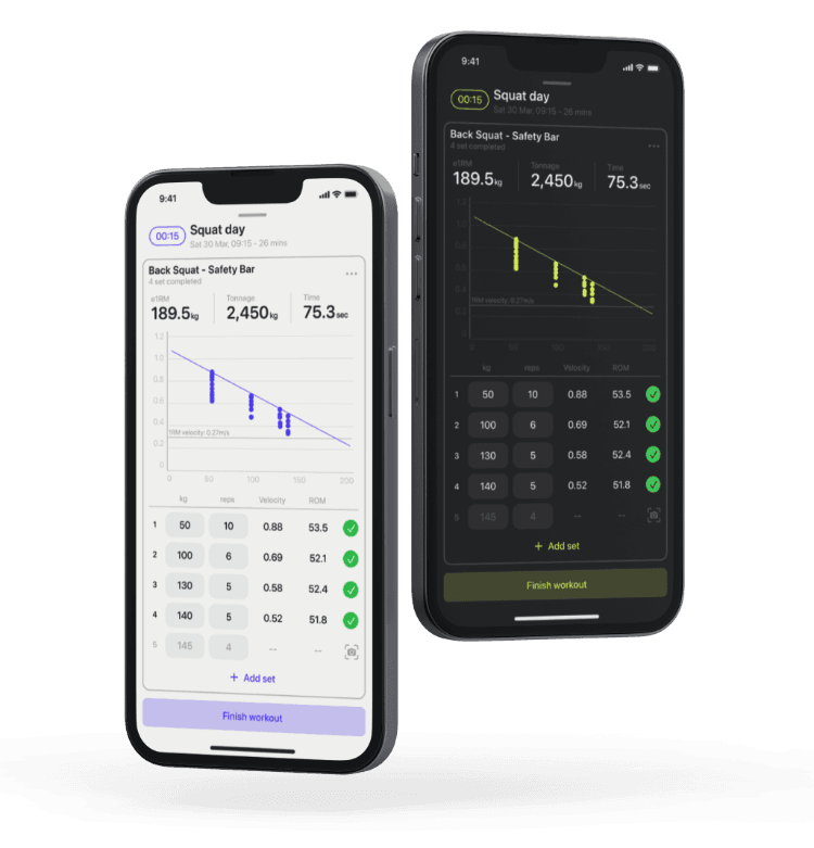 Screenshots of the 1RM estimation feature in the Metric VBT app