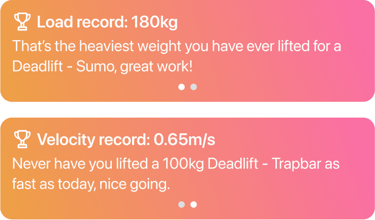 Record notification cards from the Metric VBT app
