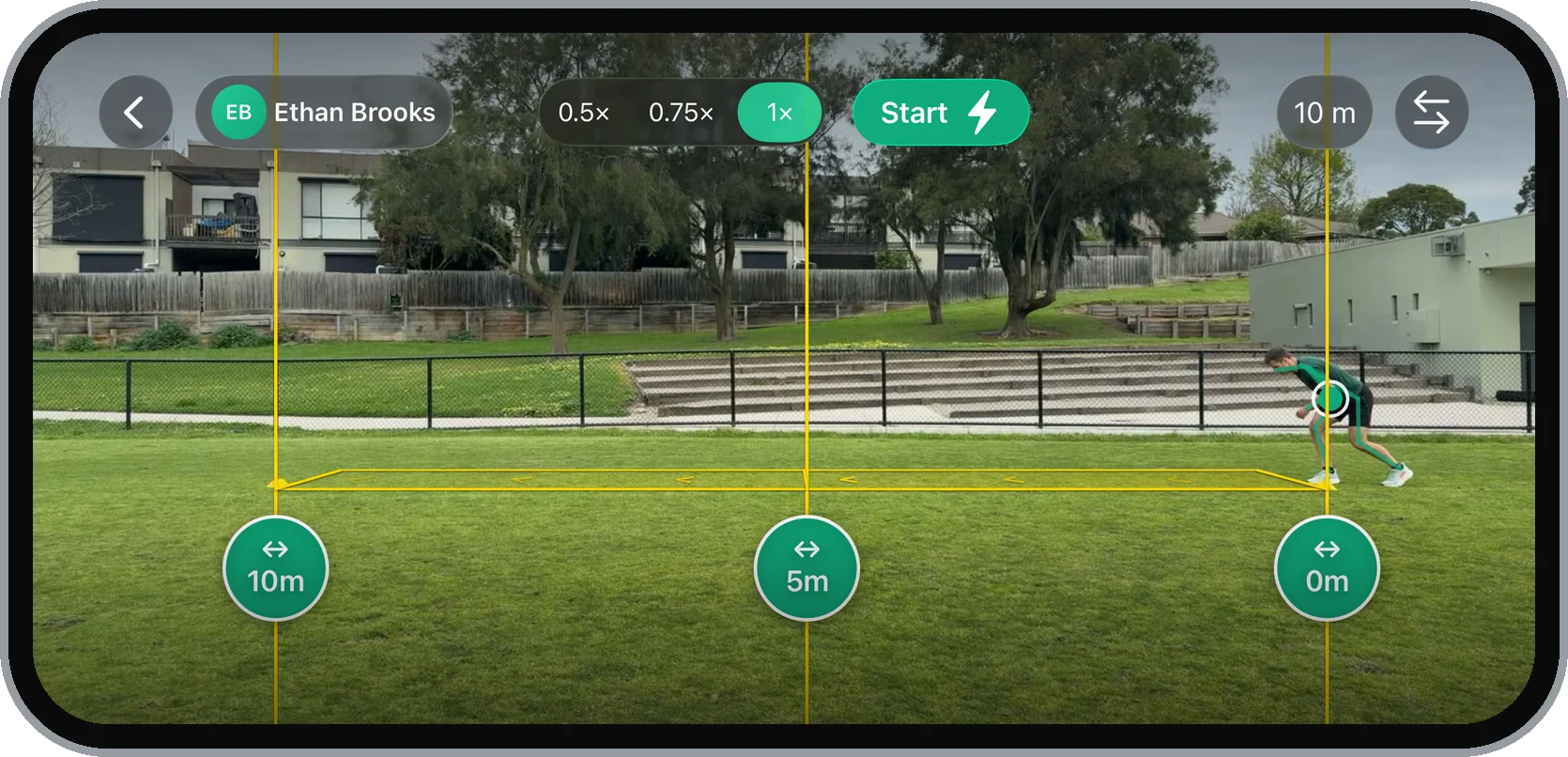 Metric Sprint capture screen on an iPhone at a football oval, with on-screen gates dragged onto cones at 0 m, 5 m, and 10 m and an athlete in a split stance behind the start line