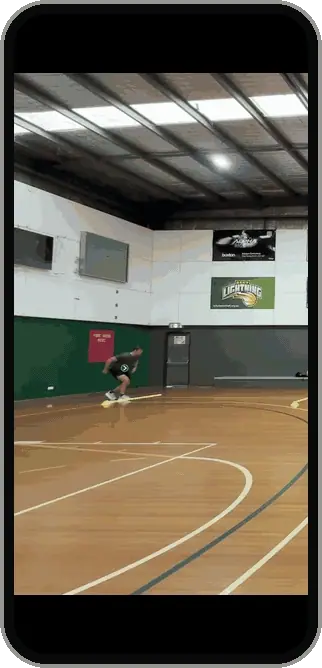 Metric Sprint follow cam export on an iPhone: the camera tracks the athlete down the court with live speed climbing to 7.2 m/s, stride lengths and contact times labelled, and a 3.54 s finish
