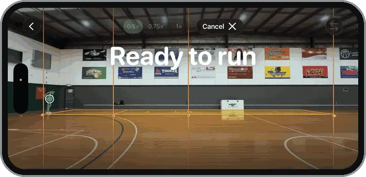 Metric Sprint on an iPhone timing a 20 m sprint on an indoor basketball court: Ready to run, the athlete sprints through the on-screen gates, and 3.54 s appears