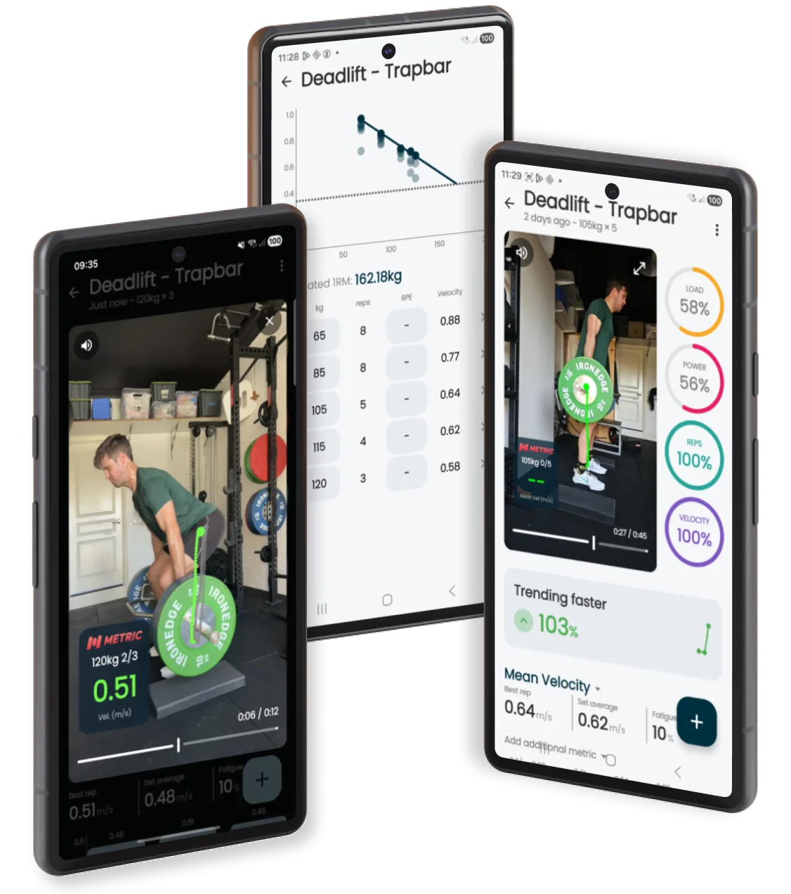 Three Android phones running Metric — Trapbar Deadlift recording, load-velocity profile, and post-set review with Trending Faster card