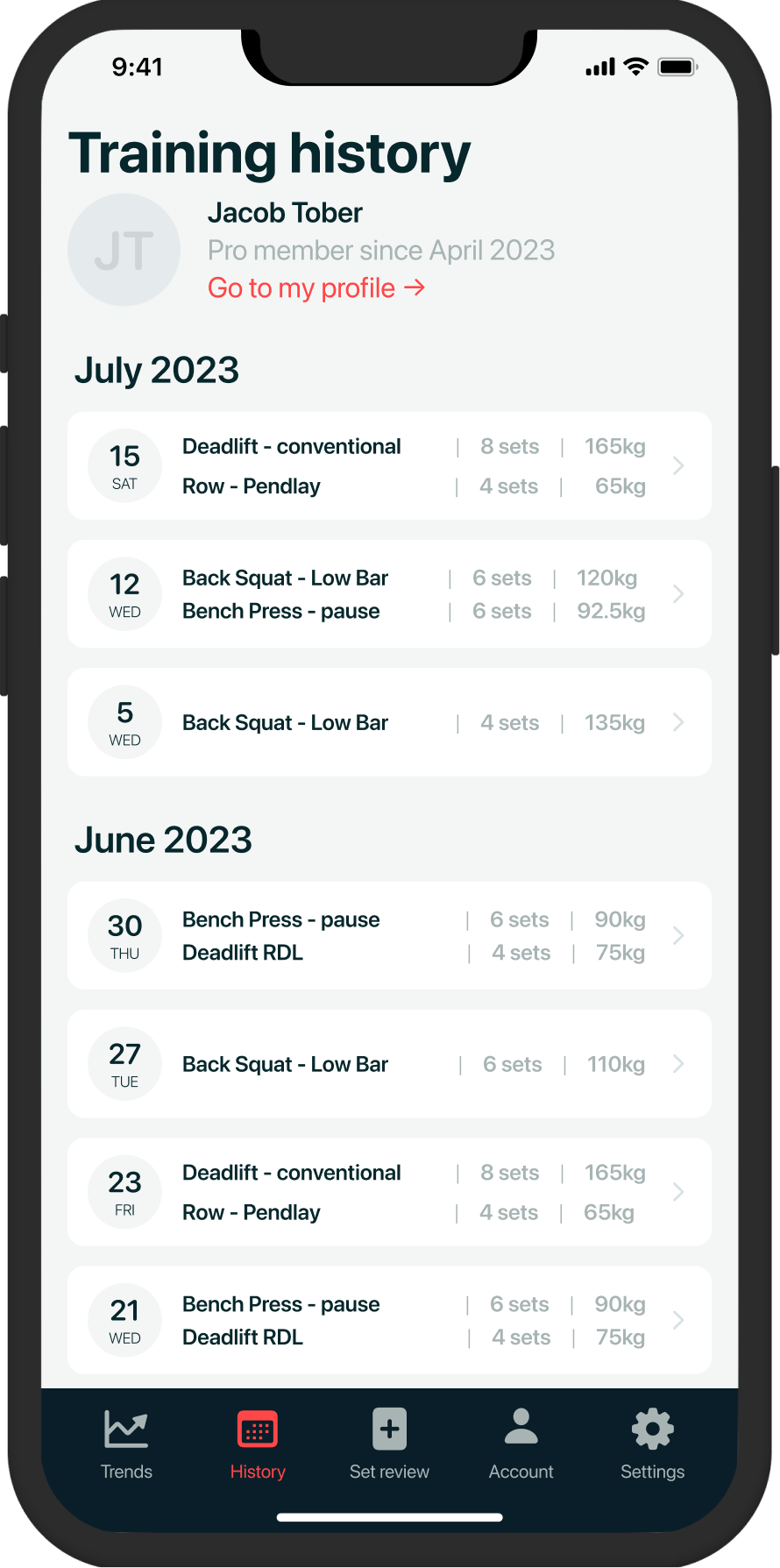 Velocity based training, barbell tracking app full training history with metric VBT