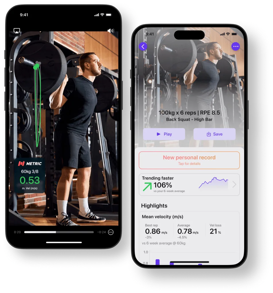 Bar path video alongside a set summary showing a new personal record and a "trending faster" readiness card