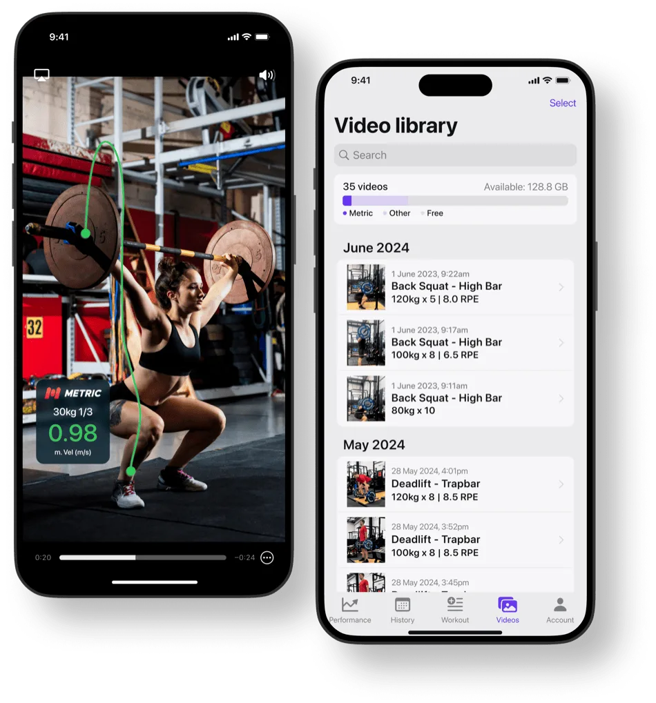 Squat video with a green bar path overlay and live velocity readout, next to a searchable training video library