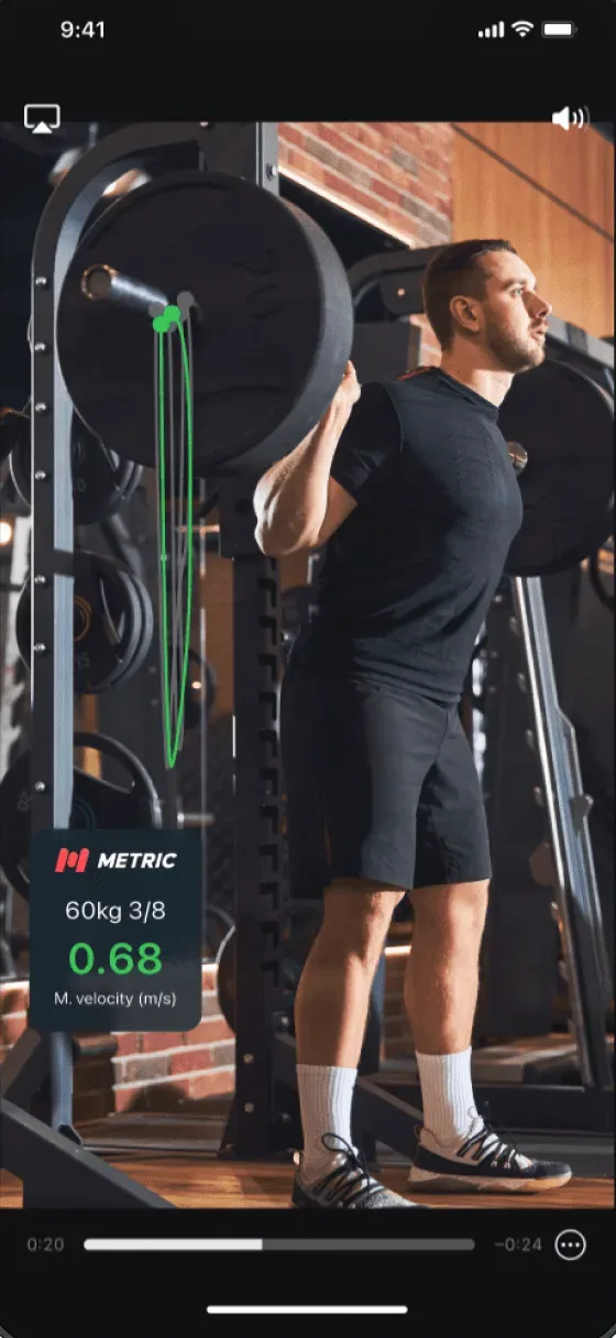 Metric Lift recording a back squat, with a green bar path overlay and a live 0.68 m/s mean velocity readout