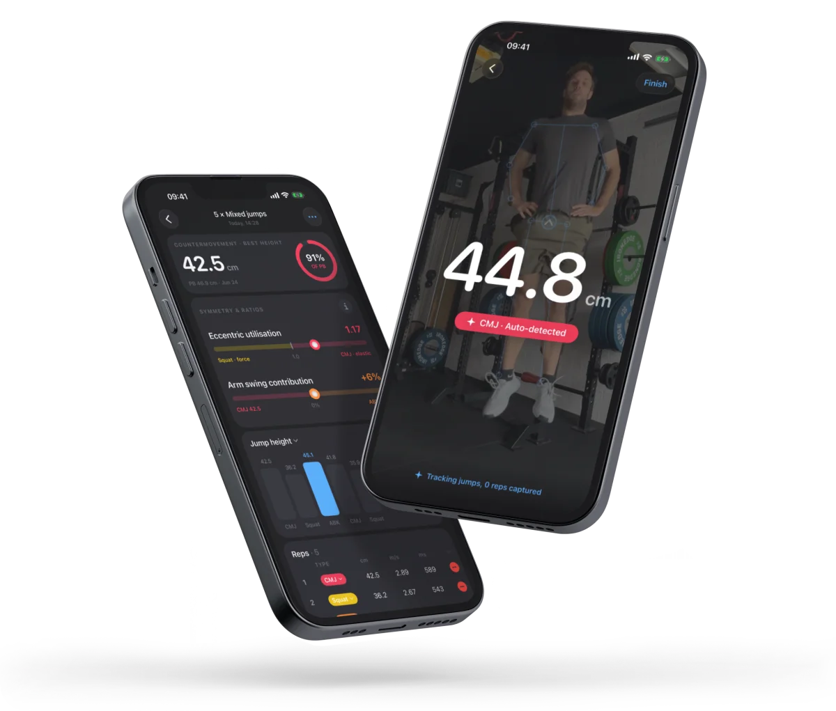 iPhone running Metric Jump showing an automatic jump-height measurement