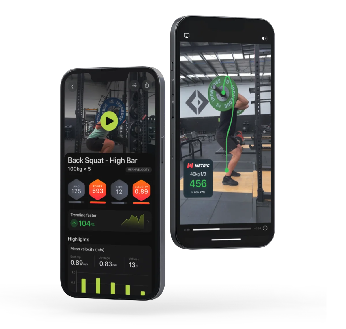 Two iPhones running Metric Lift — a squat set review with load, power and velocity, and live bar-path tracking over video