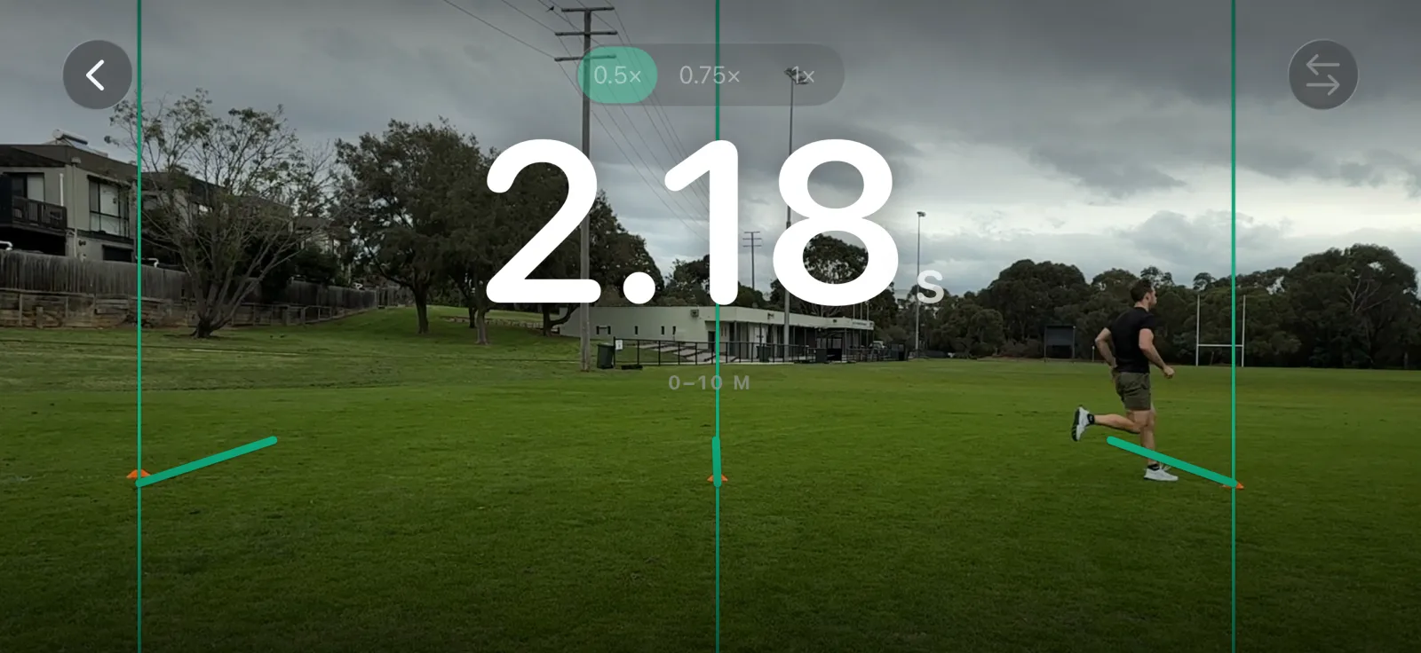 Metric Sprint recording a 10 m sprint from the sideline, with green gate lines over the grass and a 2.18 s split