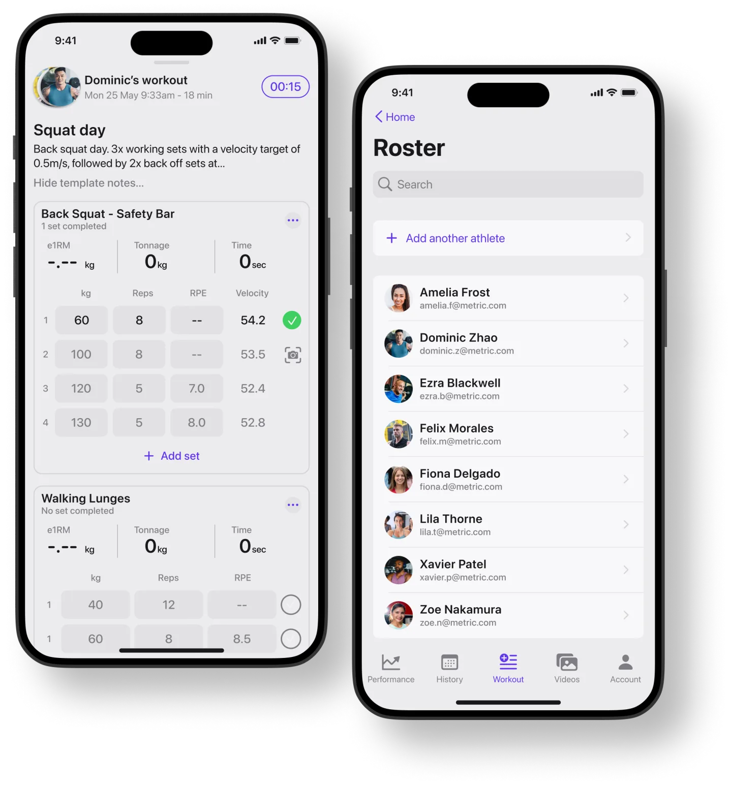 Coach view of an athlete's active Squat workout on one iPhone, with the searchable team roster (Amelia, Dominic, Ezra, Felix, Fiona, Lila, Xavier, Zoe) on another