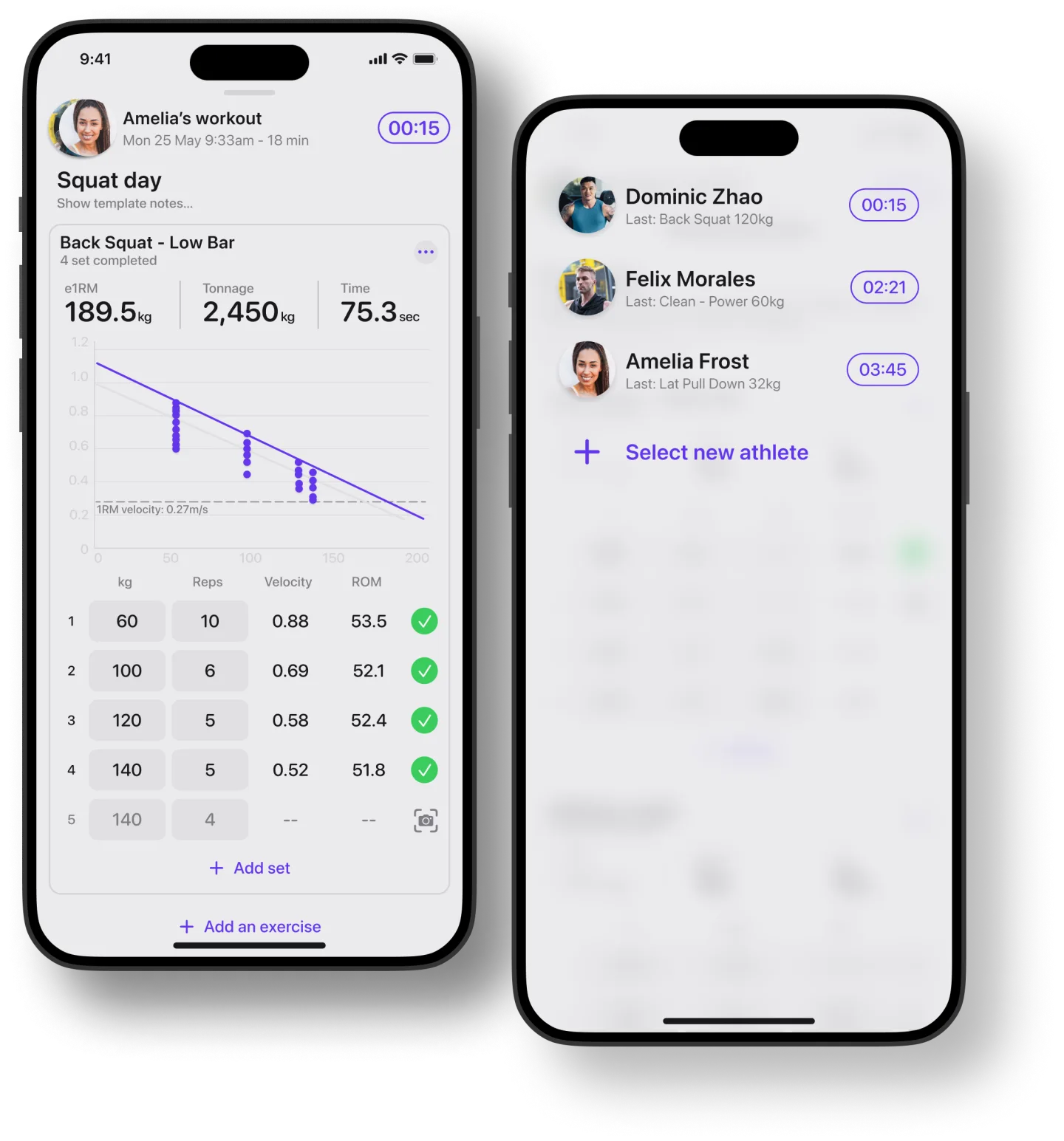 Coach Mode home screen showing weekly team stats, start-a-workout shortcuts, and shared templates; second iPhone showing an athlete's training history broken down by week