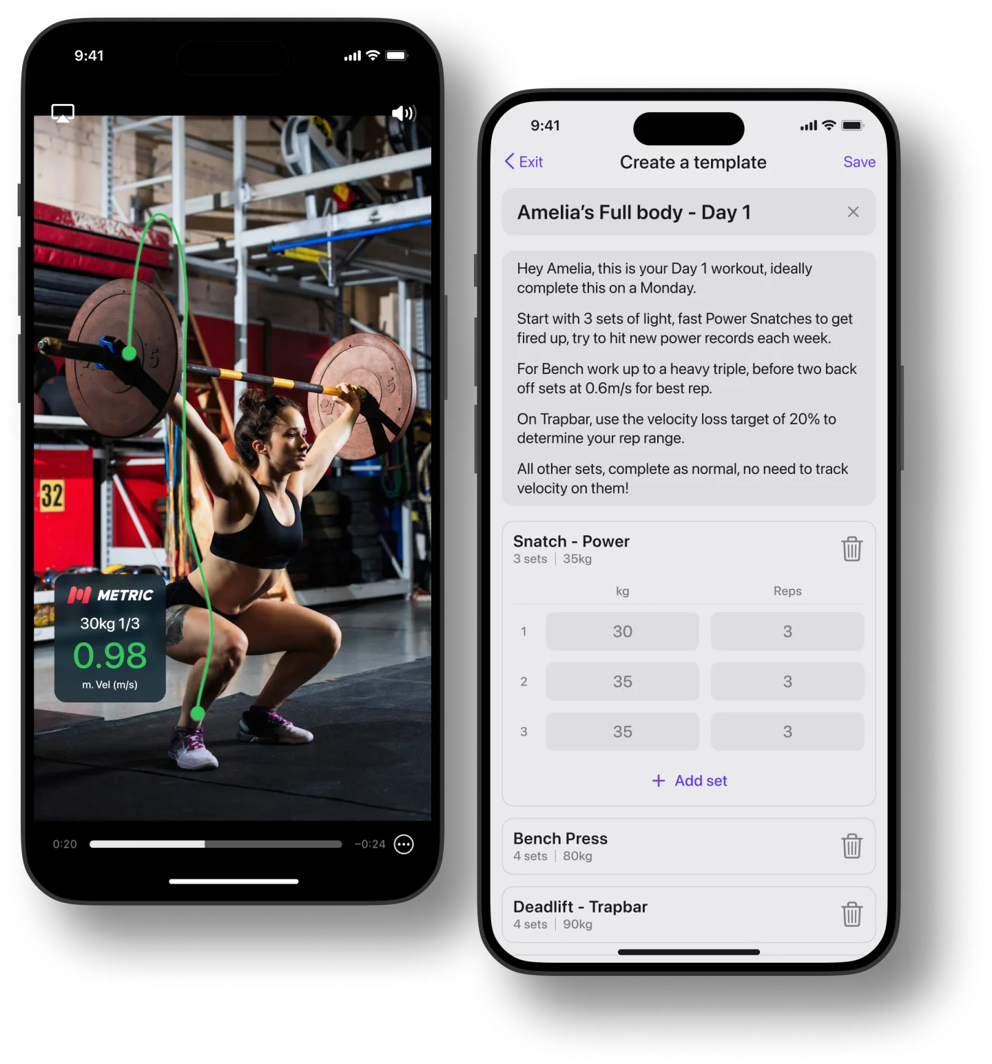 Snatch bar-path video on one iPhone, with "Create a template — Amelia's Full body, Day 1" on another showing a coach's prescribed session