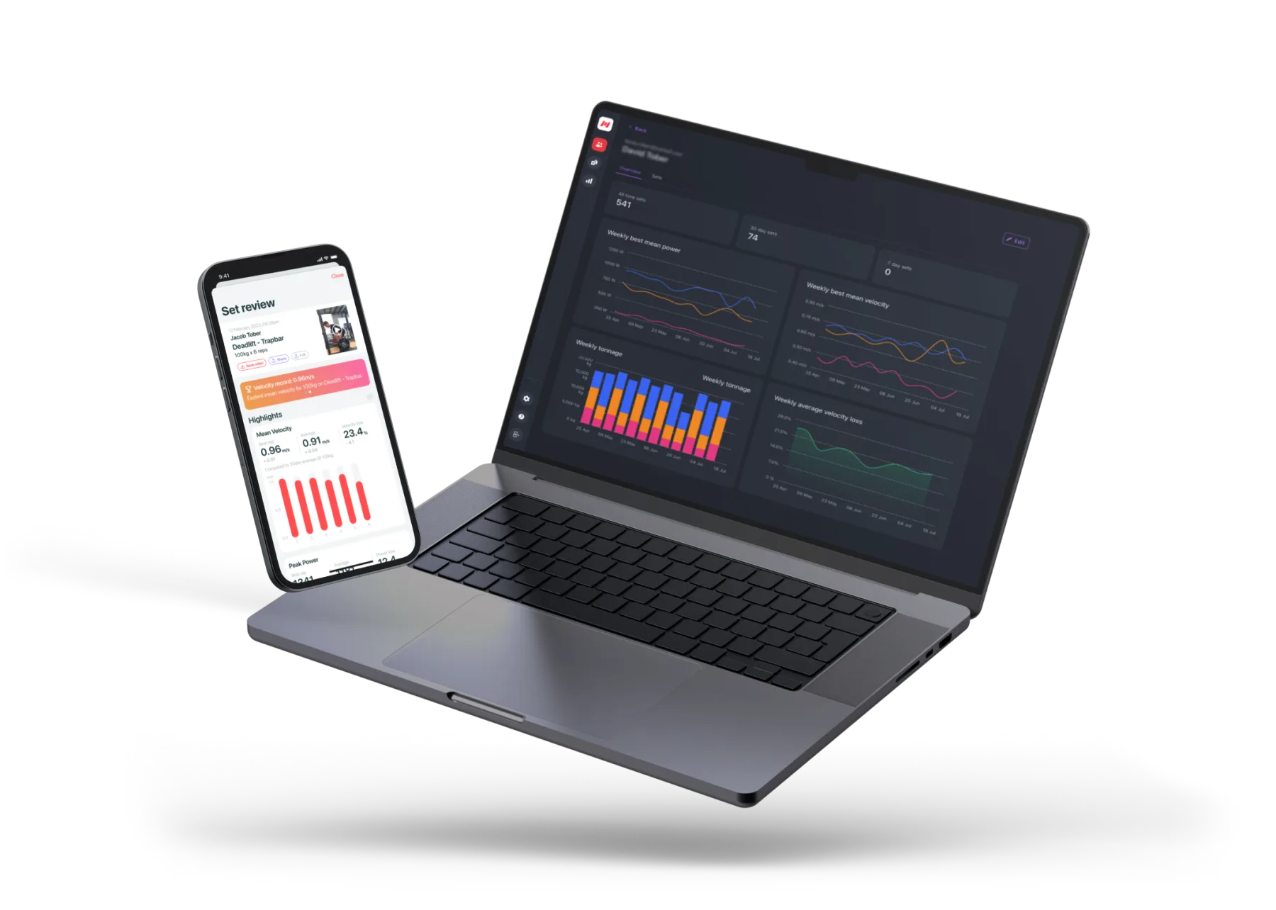 MacBook showing the Metric coach insights dashboard with athlete performance charts, alongside an iPhone displaying a per-set review