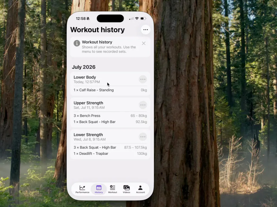 iPhone showing an athlete’s workout history with completed Lower Body and Upper Strength sessions